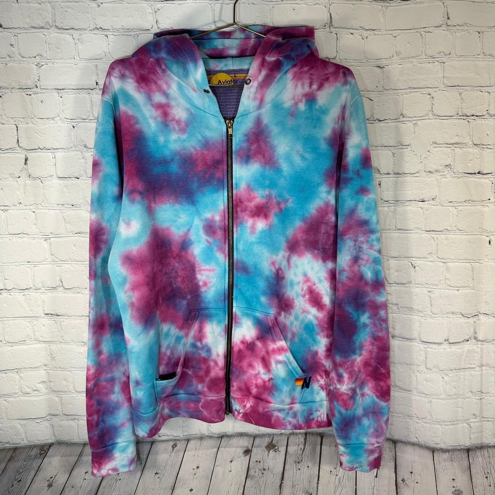 Aviator Nation Women Blue Pink Tie Dye Full Zip Hoodie Sweatshirt Size Large L